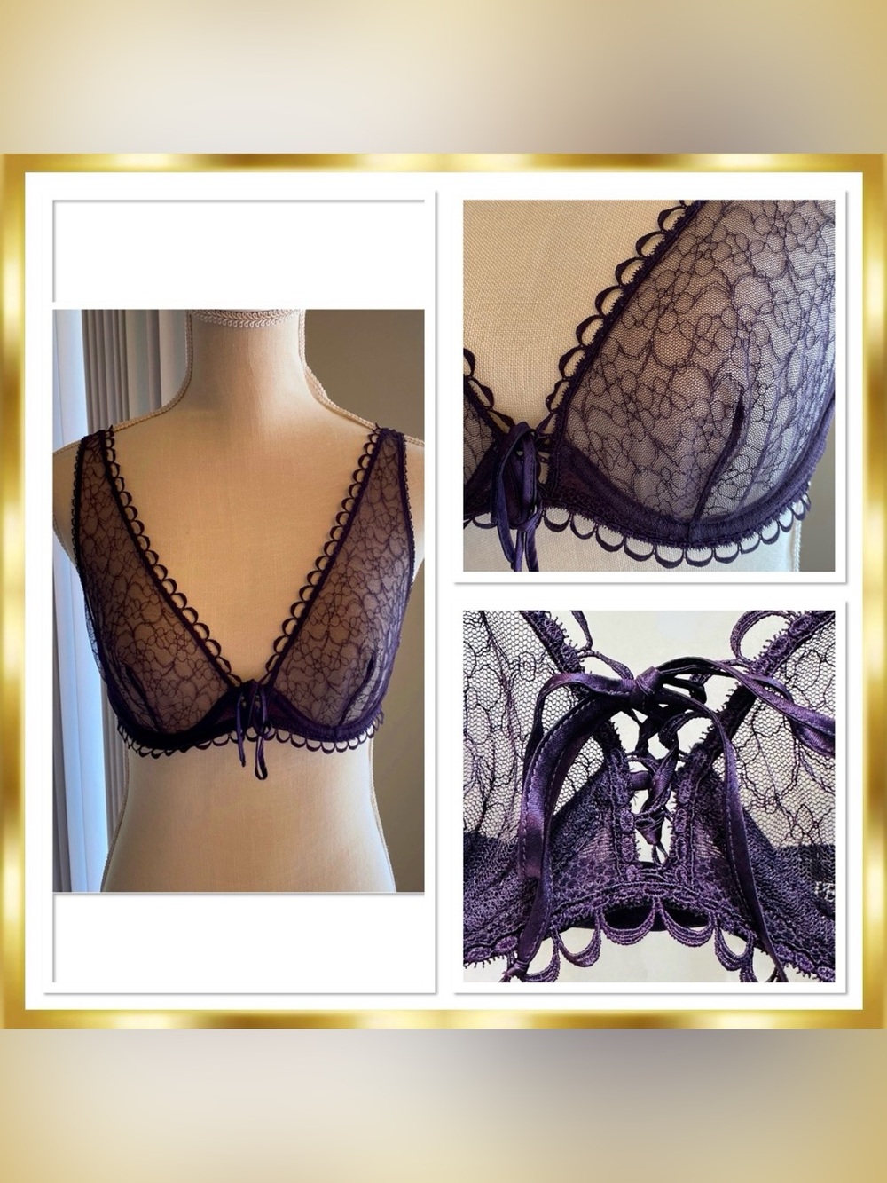 La Perla Rubans Ribboned Scalloped Looped Leavers Lace  Purple Bra size 1 xs